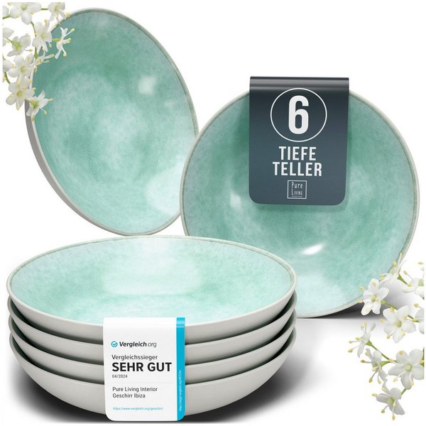 PURE LIVING INTERIOR DESIGN Geschirr-Set Ibiza, 6er-Set Suppenteller, 20 cm, Riffelstruktur, Türkis (6-tlg), 6 Personen, Steingut