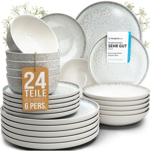PURE LIVING INTERIOR DESIGN Geschirr-Set Ibiza aus Steingut, 24-tlg., für 6 Personen, Beige (24-tlg), 6 Personen, Steingut