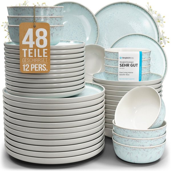 PURE LIVING INTERIOR DESIGN Geschirr-Set Ibiza aus Steingut, 48-tlg., für 12 Personen, Beige Blau (48-tlg), 12 Personen, Steingut