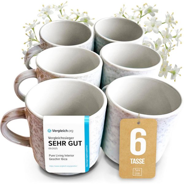 PURE LIVING INTERIOR DESIGN Geschirr-Set Ibiza Becher, 6er-Set, 350 ml, Beige, Steingut (6-tlg), 6 Personen, Steingut