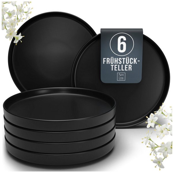 PURE LIVING INTERIOR DESIGN Geschirr-Set Manhattan Dessertteller, Frühstückteller, 6er-Set, 20 cm, Schwarz (6-tlg), 6 Personen, Steingut