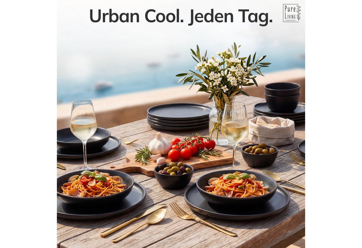 PURE LIVING INTERIOR DESIGN Geschirr-Set Manhattan Dessertteller, Frühstückteller, 6er-Set, 20 cm, Schwarz (6-tlg), 6 Personen, Steingut – Bild 2 von 5