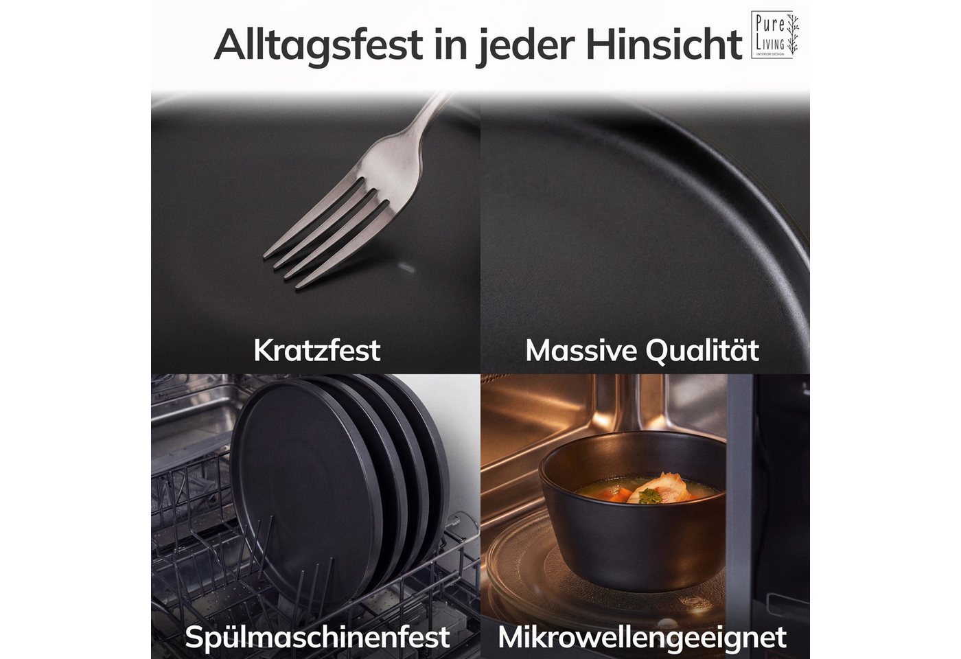 PURE LIVING INTERIOR DESIGN Geschirr-Set Manhattan Dessertteller, Frühstückteller, 6er-Set, 20 cm, Schwarz (6-tlg), 6 Personen, Steingut – Bild 4 von 5
