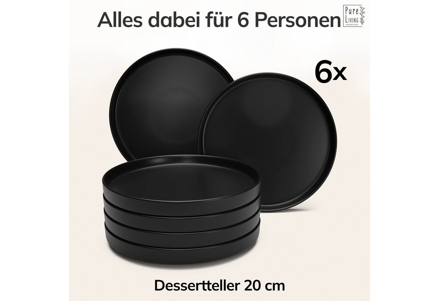 PURE LIVING INTERIOR DESIGN Geschirr-Set Manhattan Dessertteller, Frühstückteller, 6er-Set, 20 cm, Schwarz (6-tlg), 6 Personen, Steingut – Bild 5 von 5