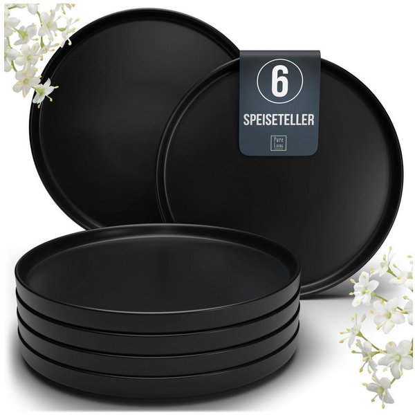 PURE LIVING INTERIOR DESIGN Geschirr-Set Manhattan Speisseteller, Dinnerteller, 6er-Set, 26 cm, Schwarz (6-tlg), 6 Personen, Steingut