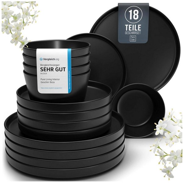 PURE LIVING INTERIOR DESIGN Geschirr-Set Manhattan aus Steingut, 18-tlg., für 6 Personen, Schwarz (18-tlg), 6 Personen, Steingut