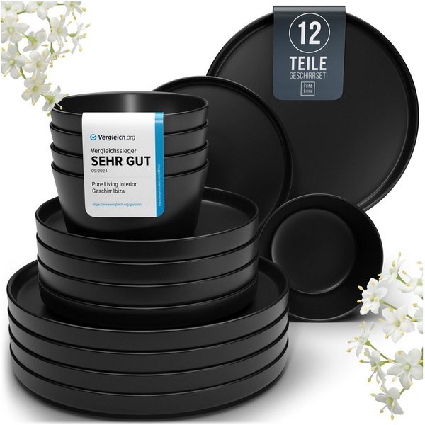 PURE LIVING INTERIOR DESIGN Geschirr-Set Manhattan aus Steingut, 12-tlg., für 4 Personen, Schwarz (12-tlg), 4 Personen, Steingut