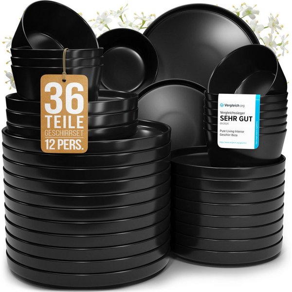 PURE LIVING INTERIOR DESIGN Geschirr-Set Manhattan aus Steingut, 36-tlg., für 12 Personen, Schwarz (36-tlg), 12 Personen, Steingut