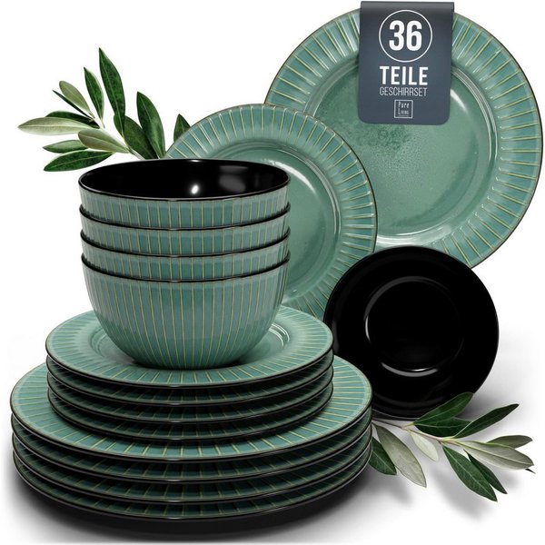 PURE LIVING INTERIOR DESIGN Geschirr-Set Ribbed aus Steingut, 36-tlg., für 12 Personen, Grün (36-tlg), 12 Personen, Steingut