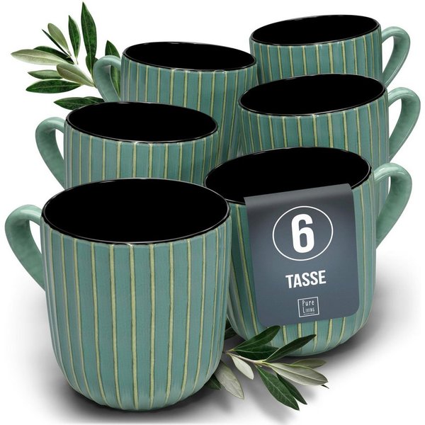 PURE LIVING INTERIOR DESIGN Geschirr-Set Ribbed Becher, 6er-Set, 435 ml, Steingut, Grün (6-tlg), 6 Personen, Steingut