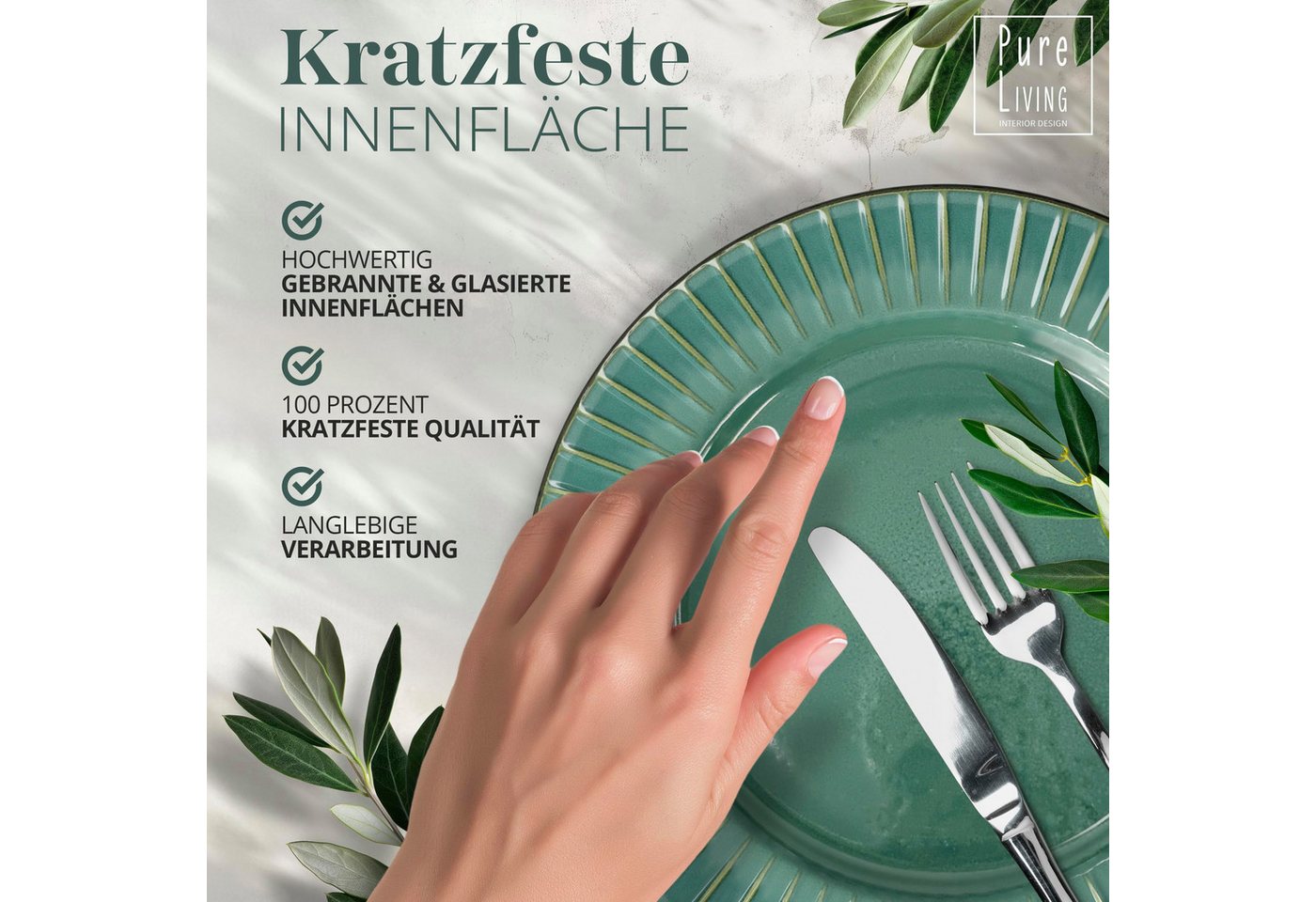 PURE LIVING INTERIOR DESIGN Geschirr-Set Ribbed Becher, 6er-Set, 435 ml, Steingut, Grün (6-tlg), 6 Personen, Steingut – Bild 2 von 5