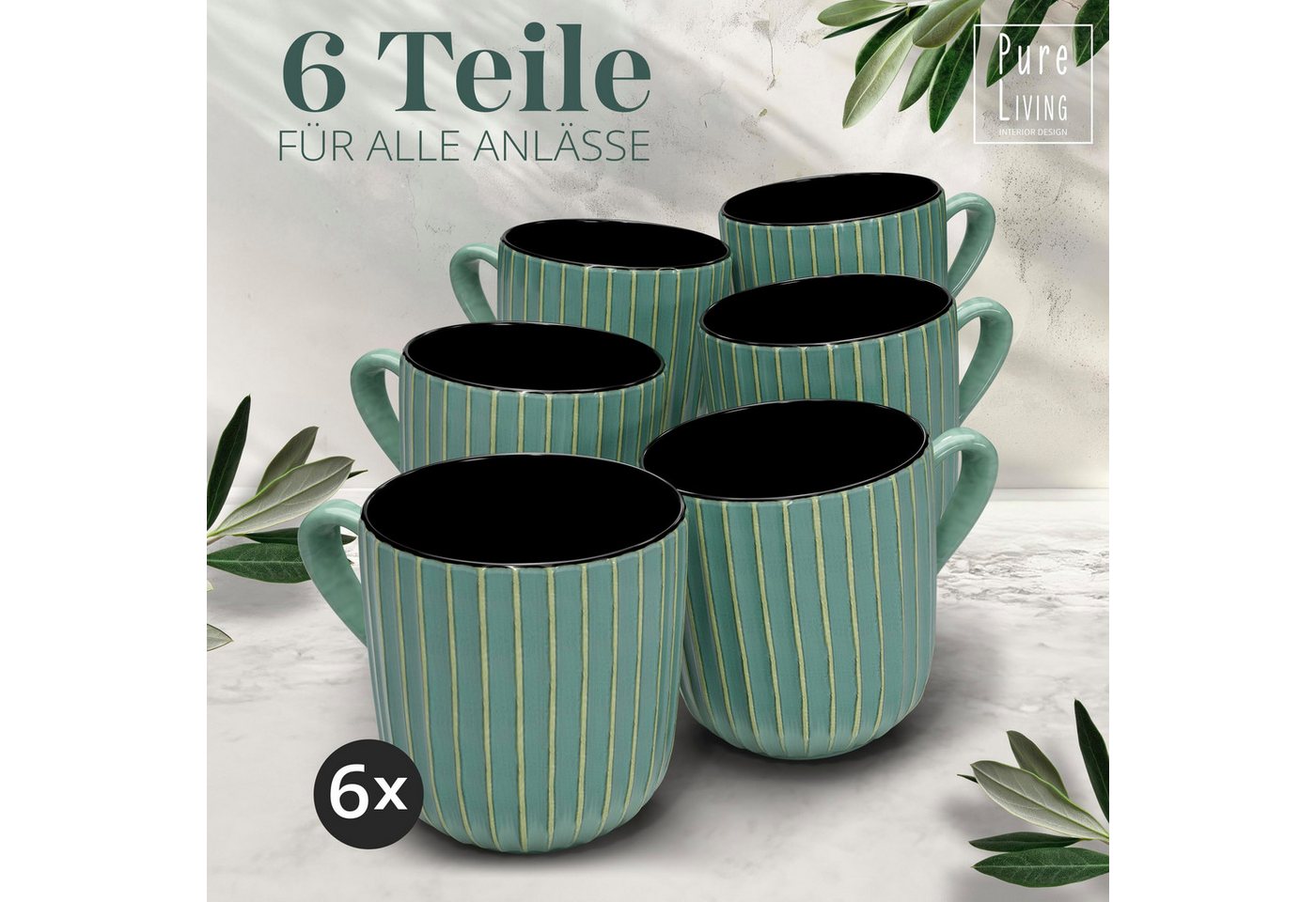 PURE LIVING INTERIOR DESIGN Geschirr-Set Ribbed Becher, 6er-Set, 435 ml, Steingut, Grün (6-tlg), 6 Personen, Steingut – Bild 3 von 5