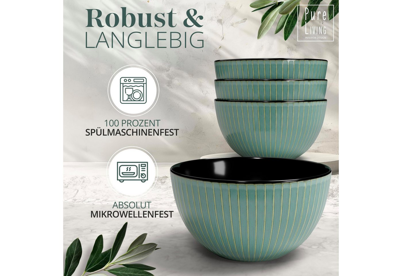 PURE LIVING INTERIOR DESIGN Geschirr-Set Ribbed Becher, 6er-Set, 435 ml, Steingut, Grün (6-tlg), 6 Personen, Steingut – Bild 5 von 5