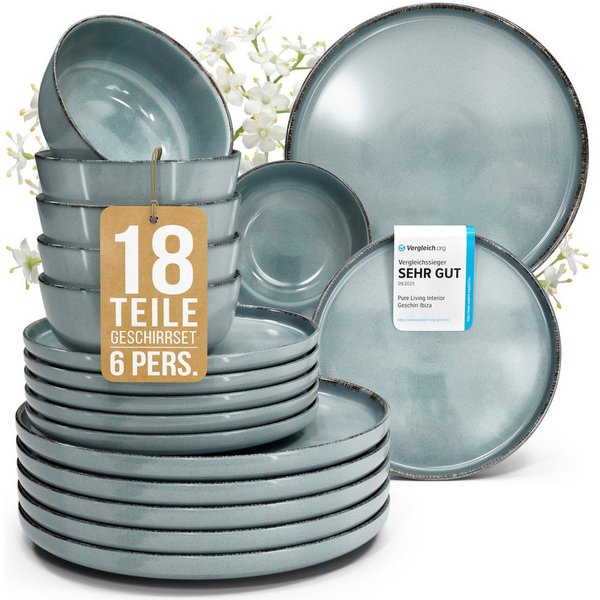 PURE LIVING INTERIOR DESIGN Geschirr-Set Rustic aus Steingut, 18-tlg., für 6 Personen, Rauchblau (18-tlg), 6 Personen, Steingut