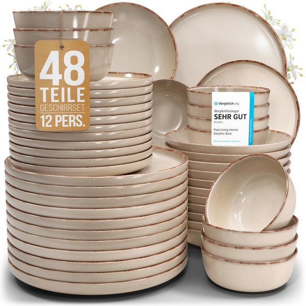 PURE LIVING INTERIOR DESIGN Geschirr-Set Rustic aus Steingut, 48-tlg., für 12 Personen, Beige (48-tlg), 12 Personen, Steingut