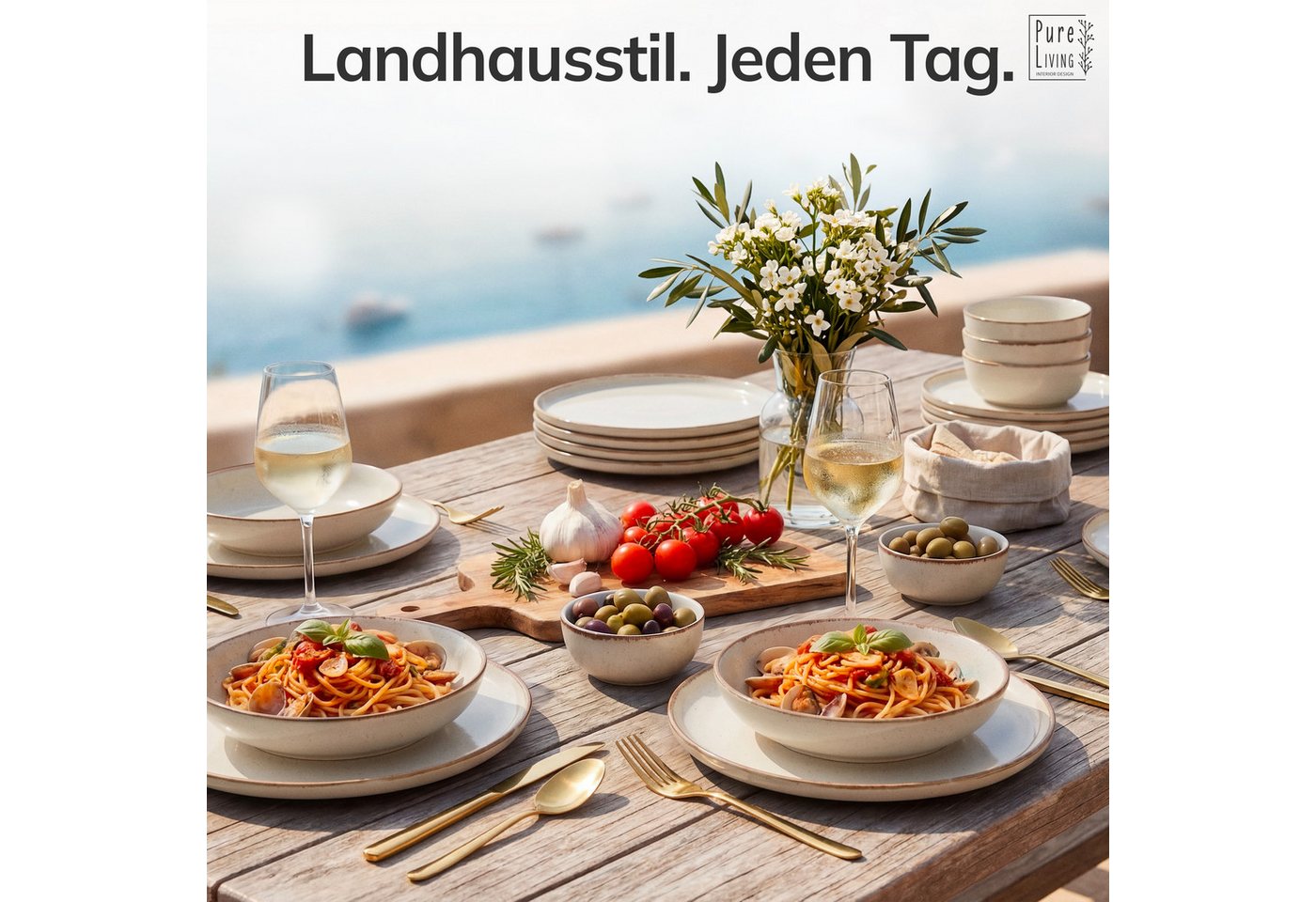 PURE LIVING INTERIOR DESIGN Geschirr-Set Rustic aus Steingut, 48-tlg., für 12 Personen, Beige (48-tlg), 12 Personen, Steingut – Bild 2 von 5