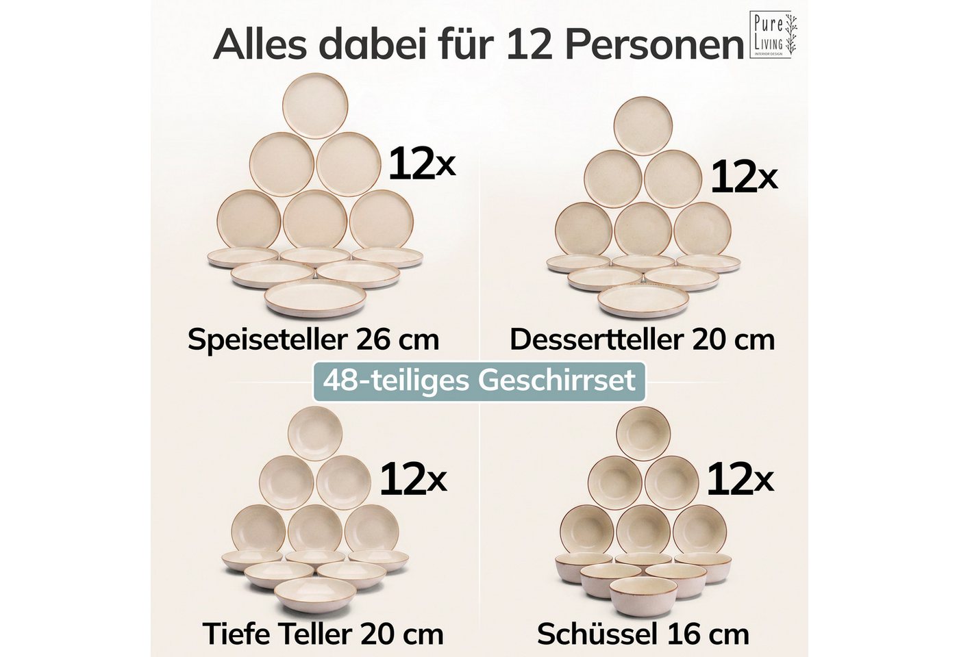 PURE LIVING INTERIOR DESIGN Geschirr-Set Rustic aus Steingut, 48-tlg., für 12 Personen, Beige (48-tlg), 12 Personen, Steingut – Bild 5 von 5