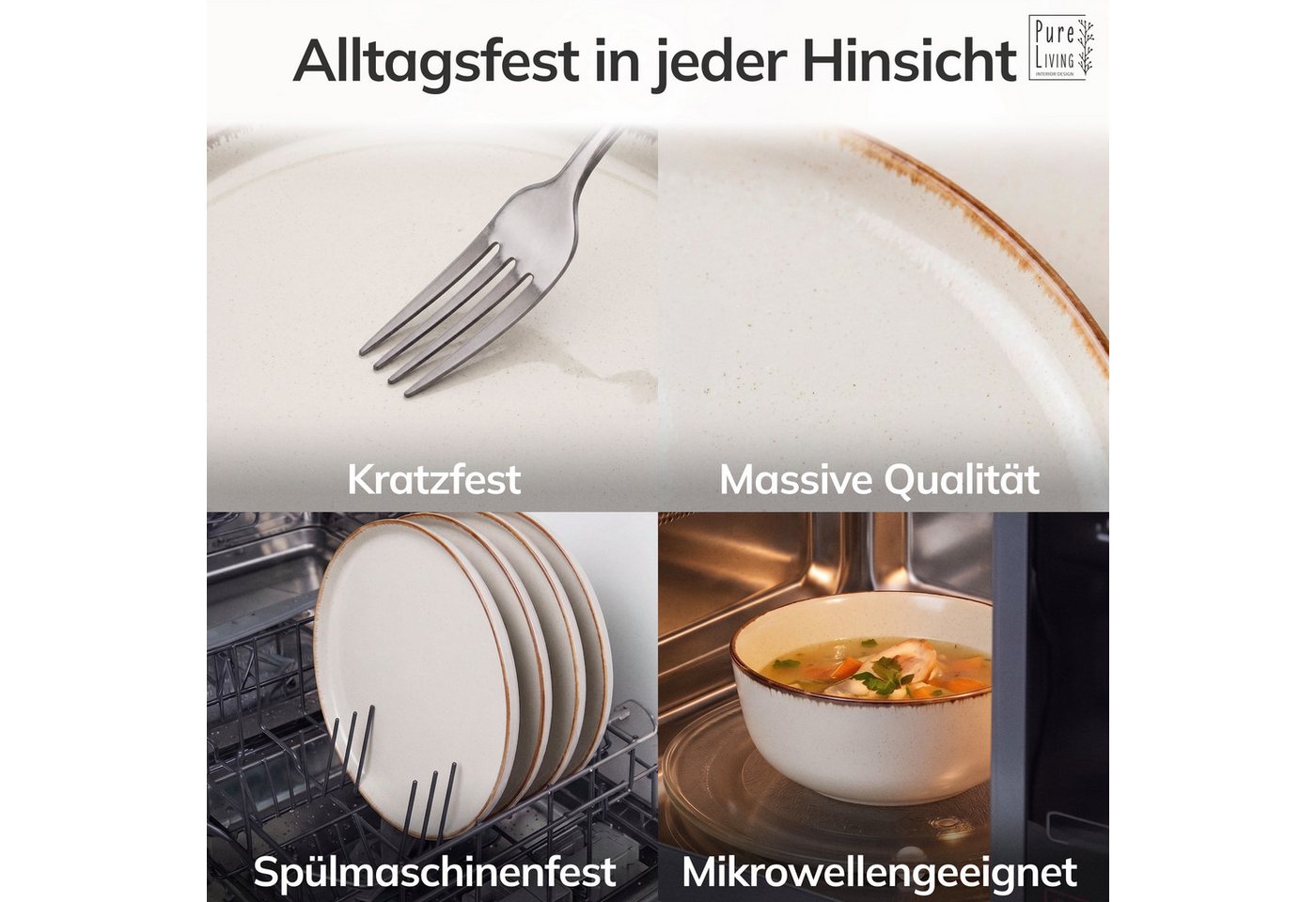 PURE LIVING INTERIOR DESIGN Geschirr-Set Rustic aus Steingut, 24-tlg., für 6 Personen, Beige (24-tlg), 6 Personen, Steingut – Bild 4 von 5