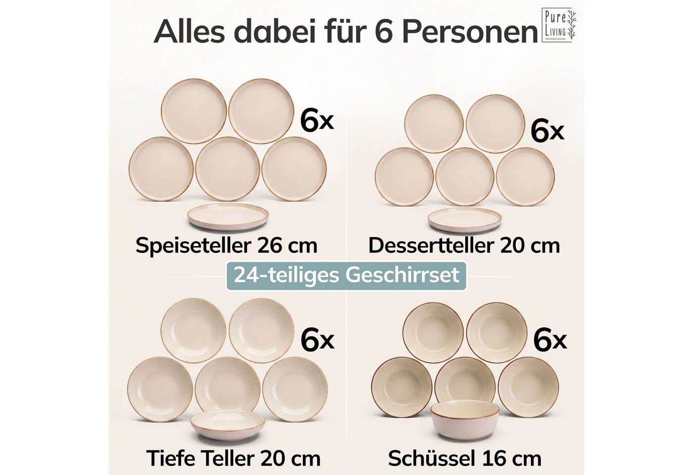 PURE LIVING INTERIOR DESIGN Geschirr-Set Rustic aus Steingut, 24-tlg., für 6 Personen, Beige (24-tlg), 6 Personen, Steingut – Bild 5 von 5