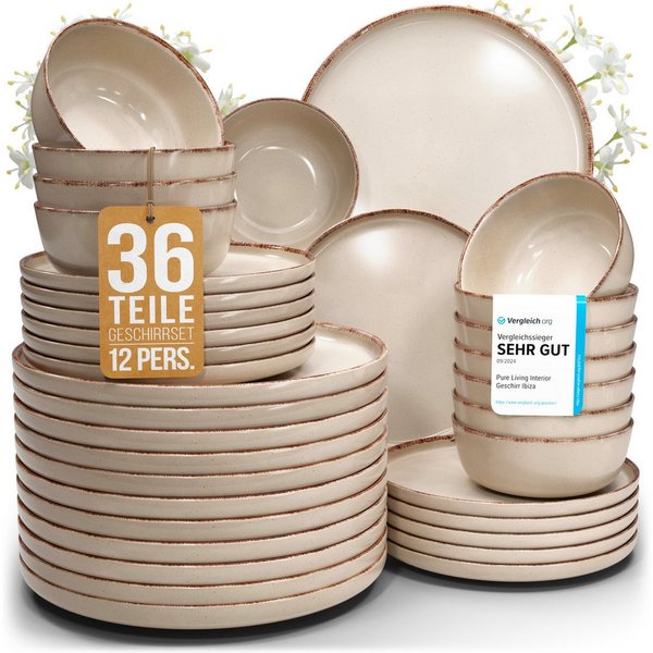 PURE LIVING INTERIOR DESIGN Geschirr-Set Rustic aus Steingut, 36-tlg., für 12 Personen, Beige (36-tlg), 12 Personen, Steingut