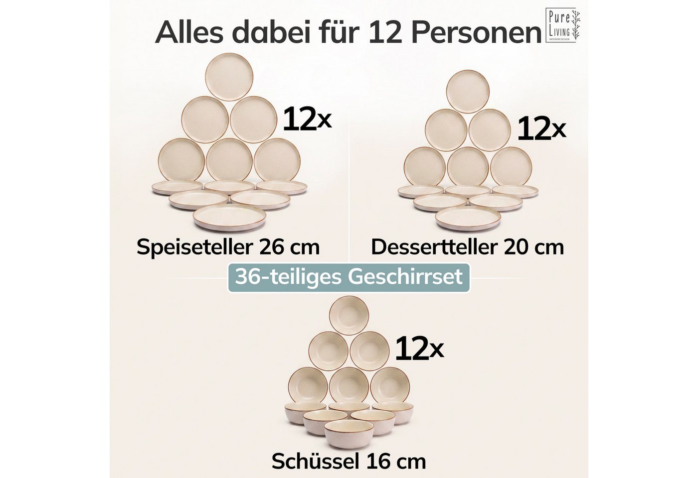 PURE LIVING INTERIOR DESIGN Geschirr-Set Rustic aus Steingut, 36-tlg., für 12 Personen, Beige (36-tlg), 12 Personen, Steingut – Bild 5 von 5