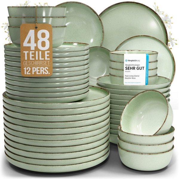 PURE LIVING INTERIOR DESIGN Geschirr-Set Rustic aus Steingut, 48-tlg., für 12 Personen, Mintgrün (48-tlg), 12 Personen, Steingut