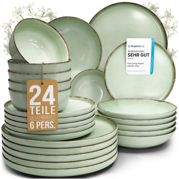 PURE LIVING INTERIOR DESIGN Geschirr-Set Rustic aus Steingut, 24-tlg., für 6 Personen, Mintgrün (24-tlg), 6 Personen, Steingut