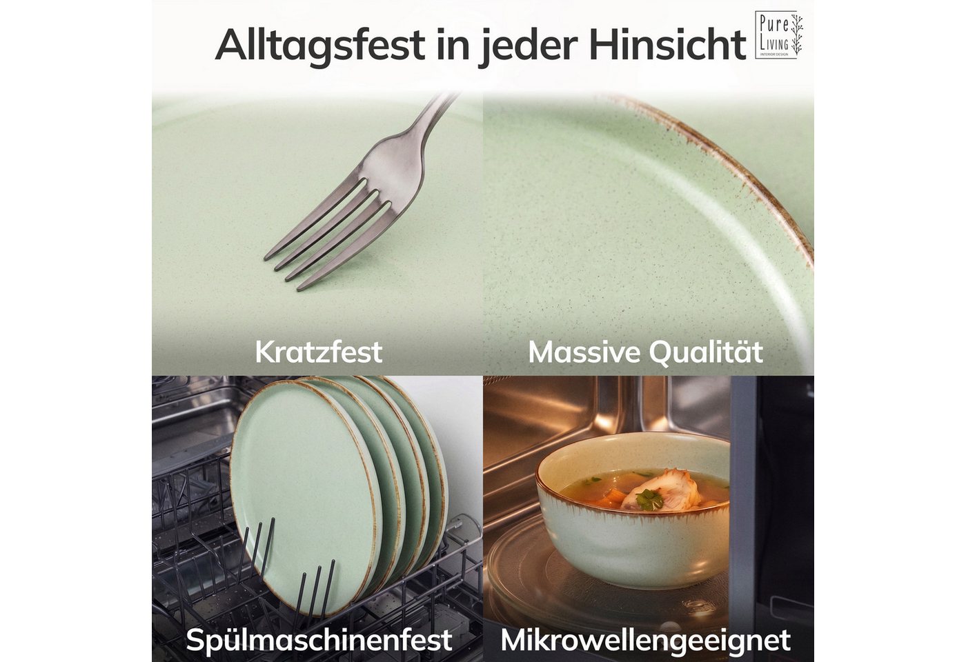 PURE LIVING INTERIOR DESIGN Geschirr-Set Rustic aus Steingut, 24-tlg., für 6 Personen, Mintgrün (24-tlg), 6 Personen, Steingut – Bild 4 von 5