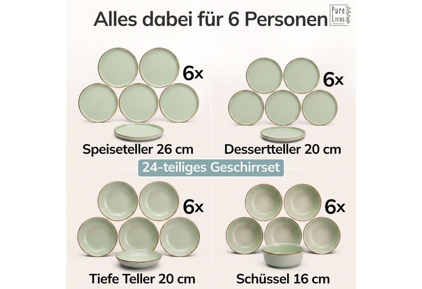 PURE LIVING INTERIOR DESIGN Geschirr-Set Rustic aus Steingut, 24-tlg., für 6 Personen, Mintgrün (24-tlg), 6 Personen, Steingut – Bild 5 von 5