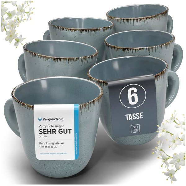 PURE LIVING INTERIOR DESIGN Geschirr-Set Rustic Becher, 6er-Set, 435 ml, Rauchblau, Steingut (6-tlg), 6 Personen, Steingut