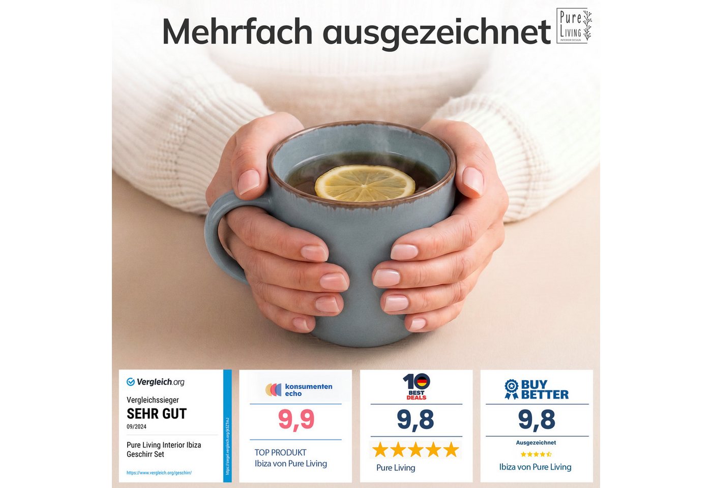 PURE LIVING INTERIOR DESIGN Geschirr-Set Rustic Becher, 6er-Set, 435 ml, Rauchblau, Steingut (6-tlg), 6 Personen, Steingut – Bild 3 von 5