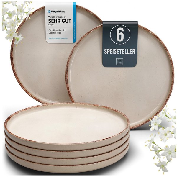 PURE LIVING INTERIOR DESIGN Geschirr-Set Rustic Speisseteller, Dinnerteller, 6er-Set, 26 cm, Beige (6-tlg), 6 Personen, Steingut