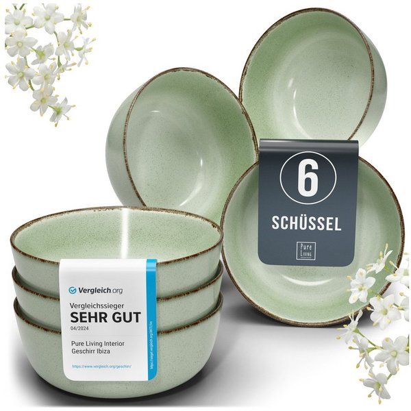 PURE LIVING INTERIOR DESIGN Geschirr-Set Rustic, 6er-Set Müslischalen, 16 cm, Riffelstruktur, Mintgrün (6-tlg), 6 Personen, Steingut