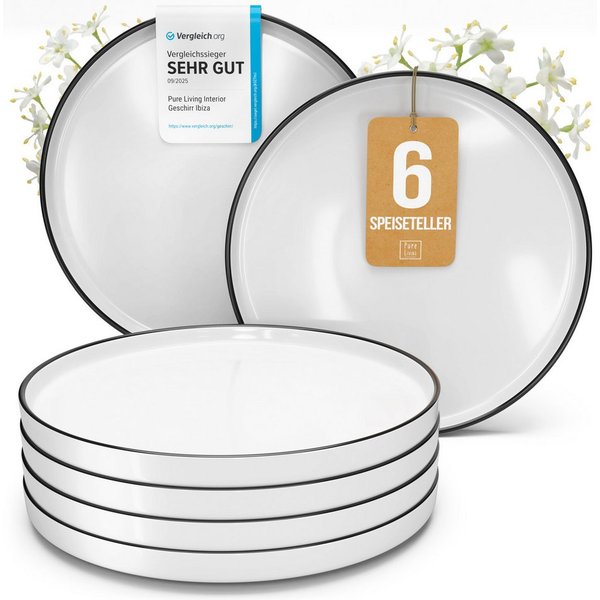 PURE LIVING INTERIOR DESIGN Geschirr-Set Scandi Speisseteller, Dinnerteller, 6er-Set, 26 cm, Weiß/Schwarz (6-tlg), 6 Personen, Porzellan