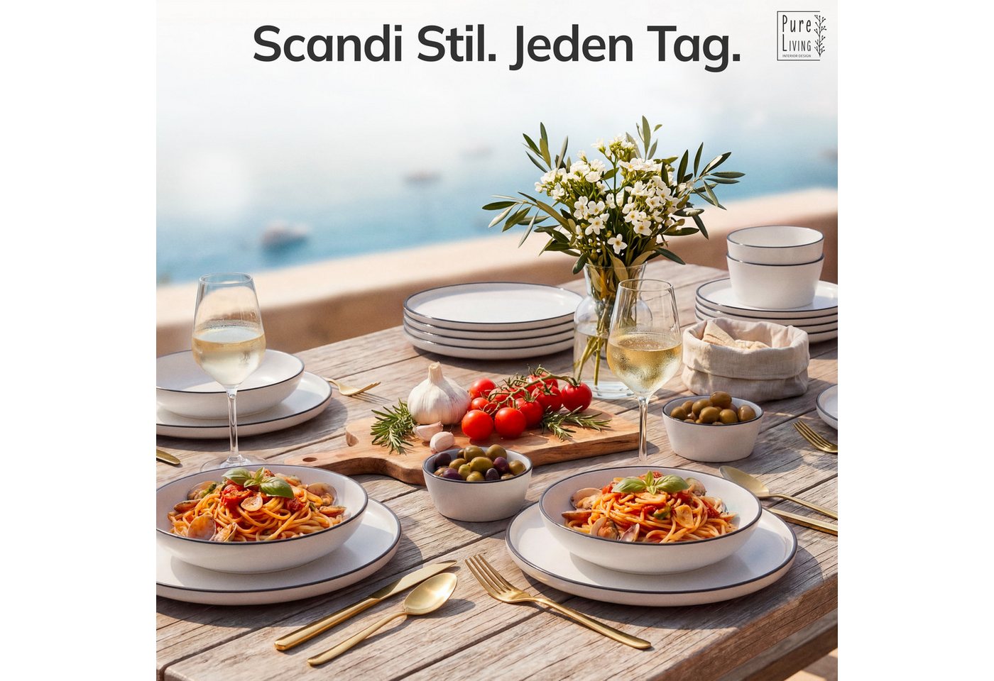 PURE LIVING INTERIOR DESIGN Geschirr-Set Scandi Speisseteller, Dinnerteller, 6er-Set, 26 cm, Weiß/Schwarz (6-tlg), 6 Personen, Porzellan – Bild 2 von 5