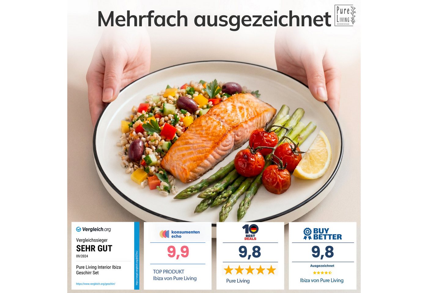 PURE LIVING INTERIOR DESIGN Geschirr-Set Scandi Speisseteller, Dinnerteller, 6er-Set, 26 cm, Weiß/Schwarz (6-tlg), 6 Personen, Porzellan – Bild 3 von 5