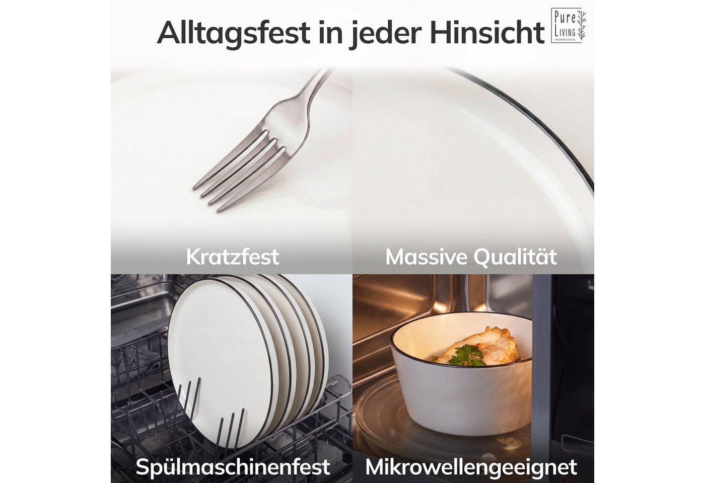 PURE LIVING INTERIOR DESIGN Geschirr-Set Scandi Speisseteller, Dinnerteller, 6er-Set, 26 cm, Weiß/Schwarz (6-tlg), 6 Personen, Porzellan – Bild 4 von 5