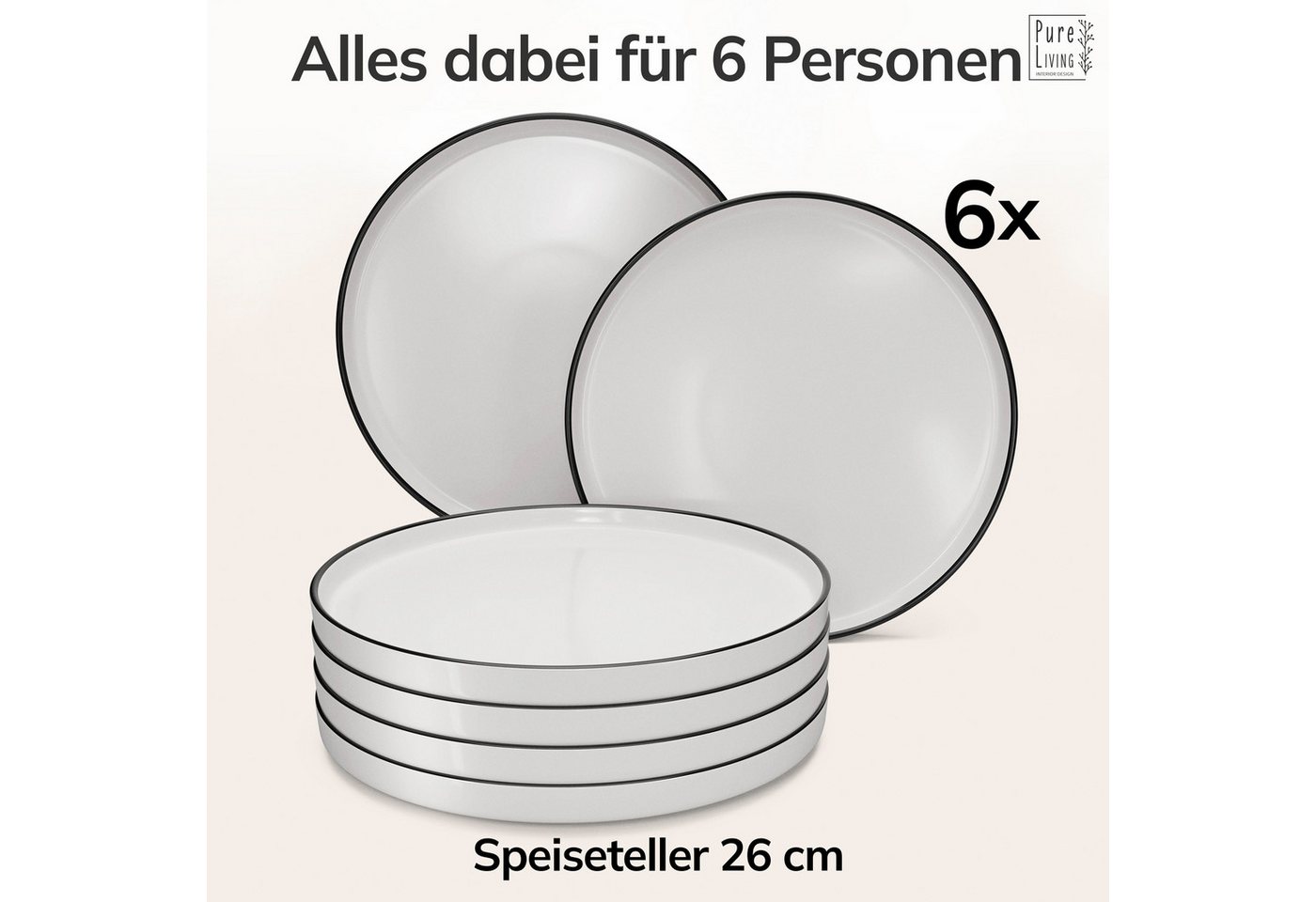 PURE LIVING INTERIOR DESIGN Geschirr-Set Scandi Speisseteller, Dinnerteller, 6er-Set, 26 cm, Weiß/Schwarz (6-tlg), 6 Personen, Porzellan – Bild 5 von 5