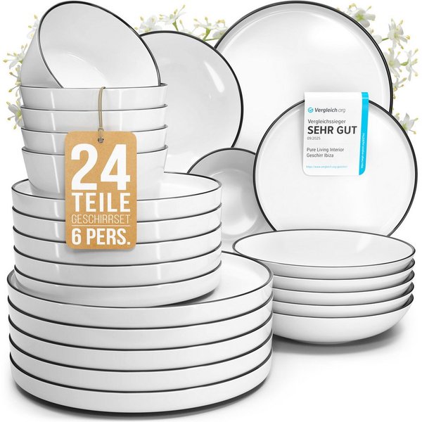 PURE LIVING INTERIOR DESIGN Geschirr-Set Scandi aus Porzellan, 24-tlg., für 6 Personen, Weiß - Schwarzer Rand (24-tlg), 6 Personen, Porzellan