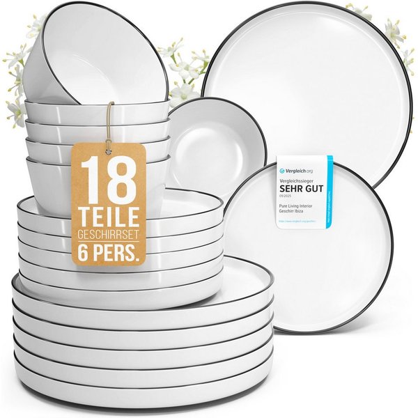 PURE LIVING INTERIOR DESIGN Geschirr-Set Scandi aus Porzellan, 18-tlg., für 6 Personen, Weiß - Schwarzer Rand (18-tlg), 6 Personen, Porzellan