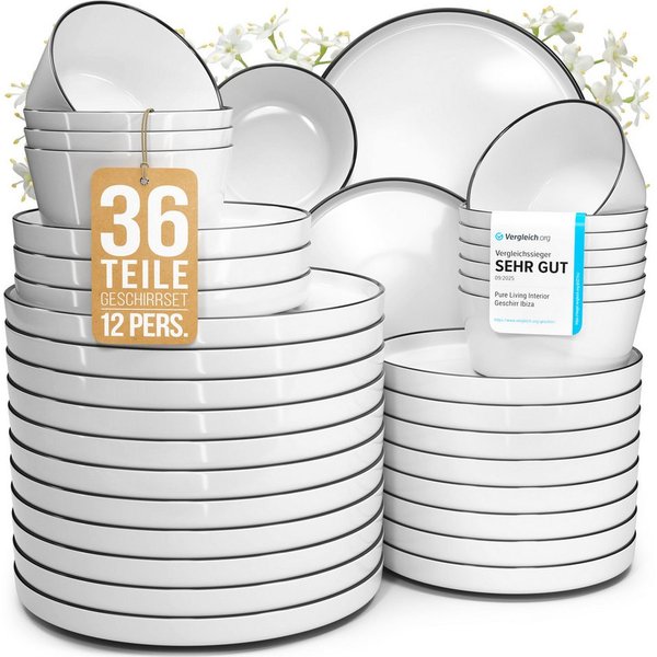 PURE LIVING INTERIOR DESIGN Geschirr-Set Scandi aus Porzellan, 36-tlg., für 12 Personen, Weiß - Schwarzer Rand (36-tlg), 12 Personen, Porzellan