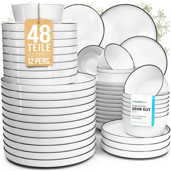 PURE LIVING INTERIOR DESIGN Geschirr-Set Scandi aus Porzellan, 48-tlg., für 12 Personen, Weiß - Schwarzer Rand (48-tlg), 12 Personen, Porzellan