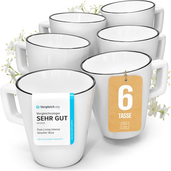 PURE LIVING INTERIOR DESIGN Geschirr-Set Scandi Becher, 6er-Set, 365 ml, Weiß - Schwarzer Rand, Porzellan (6-tlg), 6 Personen, Porzellan