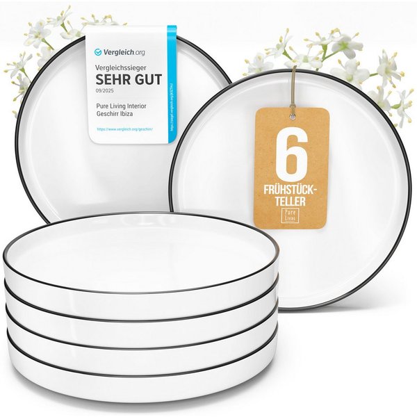 PURE LIVING INTERIOR DESIGN Geschirr-Set Scandi Dessertteller, Frühstückteller, 6er-Set, 20 cm, Weiß/Schwarz (6-tlg), 6 Personen, Porzellan