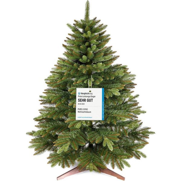 PURE LIVING INTERIOR DESIGN Künstlicher Weihnachtsbaum Nordmanntanne naturgetreu mit Holzständer, erhältlich in 90-250 cm, Nordmanntanne, Elegant, Stilvolle Dek