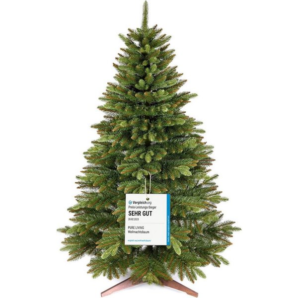 PURE LIVING INTERIOR DESIGN Künstlicher Weihnachtsbaum Nordmanntanne naturgetreu mit Holzständer, erhältlich in 90-250 cm, Nordmanntanne, Elegant, Stilvolle Dek