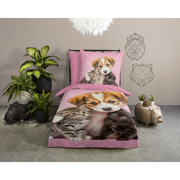 PURE luxury collection Kinderbettwäsche Amis, Microfaser, 2 teilig, Mikrofaser, 135x200, 2 Teilig, Wendeoptik, Mädchen, Hund, Katze