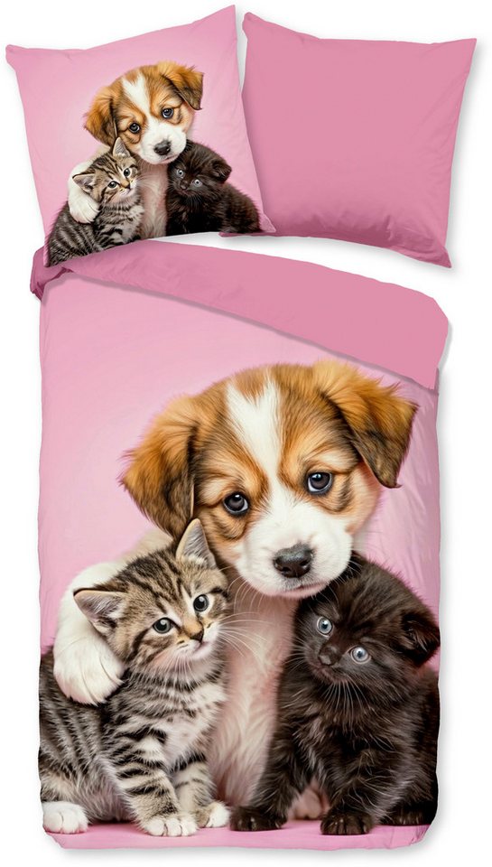 PURE luxury collection Kinderbettwäsche Amis, Microfaser, 2 teilig, Mikrofaser, 135x200, 2 Teilig, Wendeoptik, Mädchen, Hund, Katze – Bild 2 von 5