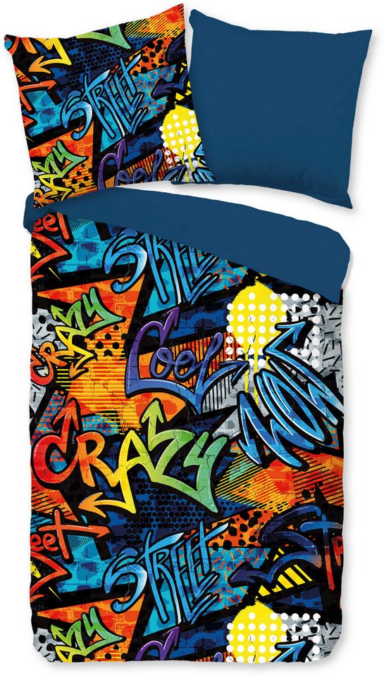 PURE luxury collection Kinderbettwäsche Jeff, Microfaser, 2 teilig, Mikrofaser, 135x200, Reißverschluss, Wendeoptik, Junge, Kind, Graffiti – Bild 2 von 5