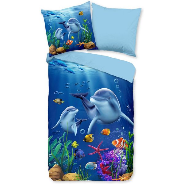 PURE luxury collection Kinderbettwäsche Mare, Microfaser, 2 teilig, Mikrofaser, 135x200, Pflegeleicht, Wendeoptik, Kind, Delfin Meer, Blau